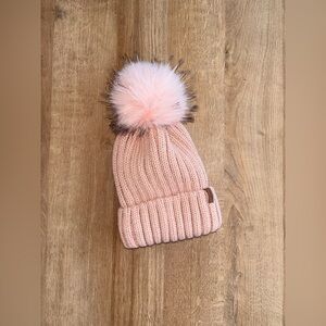 Pink Knit Pom-Pom Toddler Girls Hat with Satin Lining